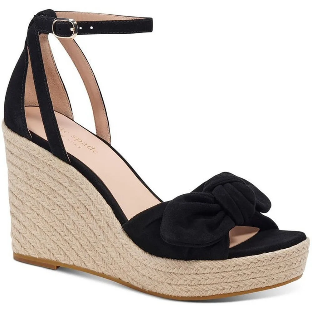 Kate Spade Tianna Suede LEATHER Bow Strap Espadrille Wedge Sandal 10 B BLACK